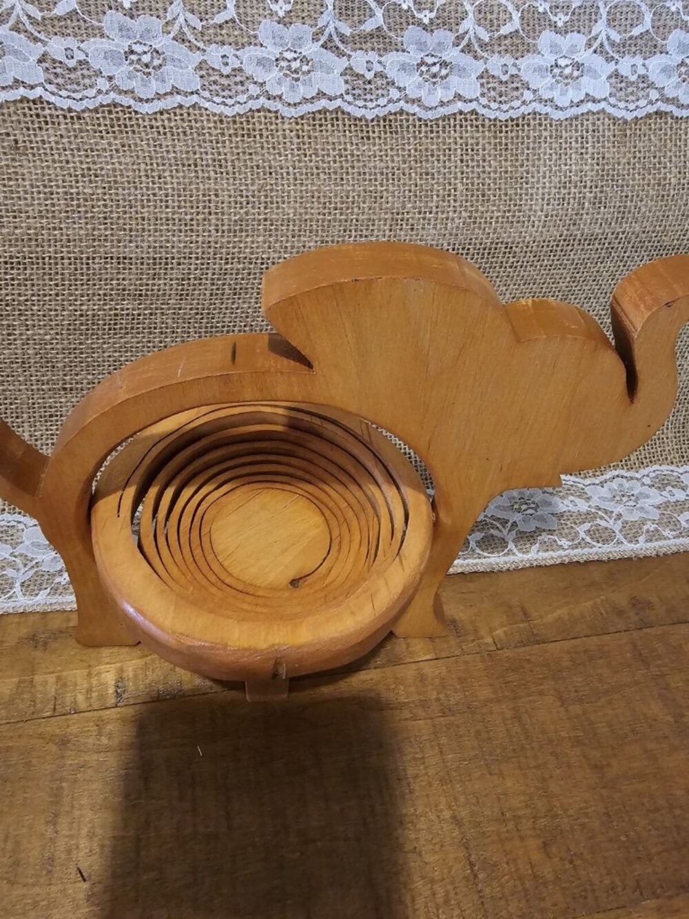 Elephant  Shaped Folding Collapsible Brown Wooden Basket Catch All Bowl Decor ”